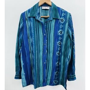 VTG Bedford Fair Womens Blouse Top Sz XL Green Abstract Southwestern HH09